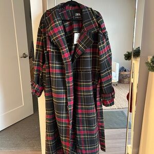 NWT Zara Long Plaid Felt Texture Trench Coat Size XS-S